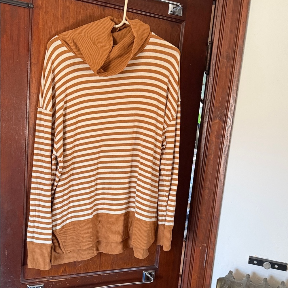 GAP Striped Camel and Cream Cowl Neck Sweater